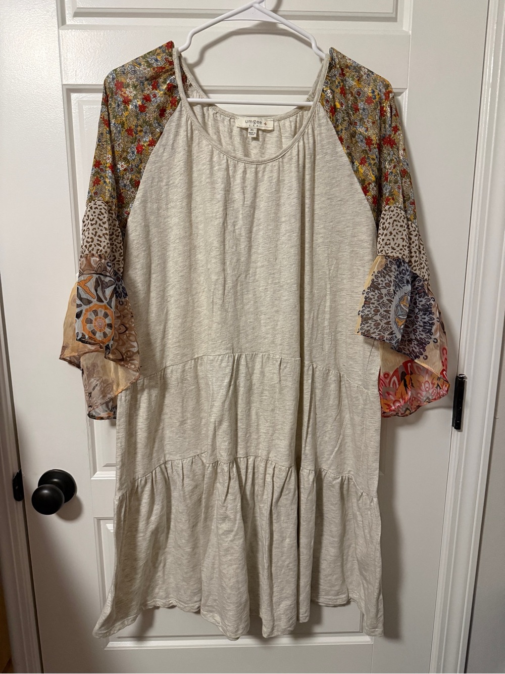 Umgee Cream Tiered Dress with Floral Patchwork Sleeves
